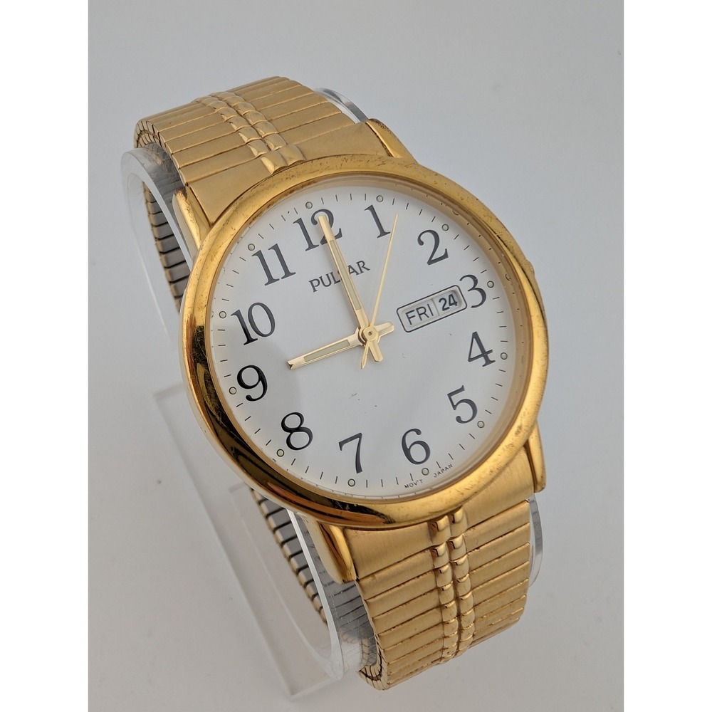 Vtg Pulsar Watch Men 35mm Case Gold Stretch Band VX33-X079 New Battery